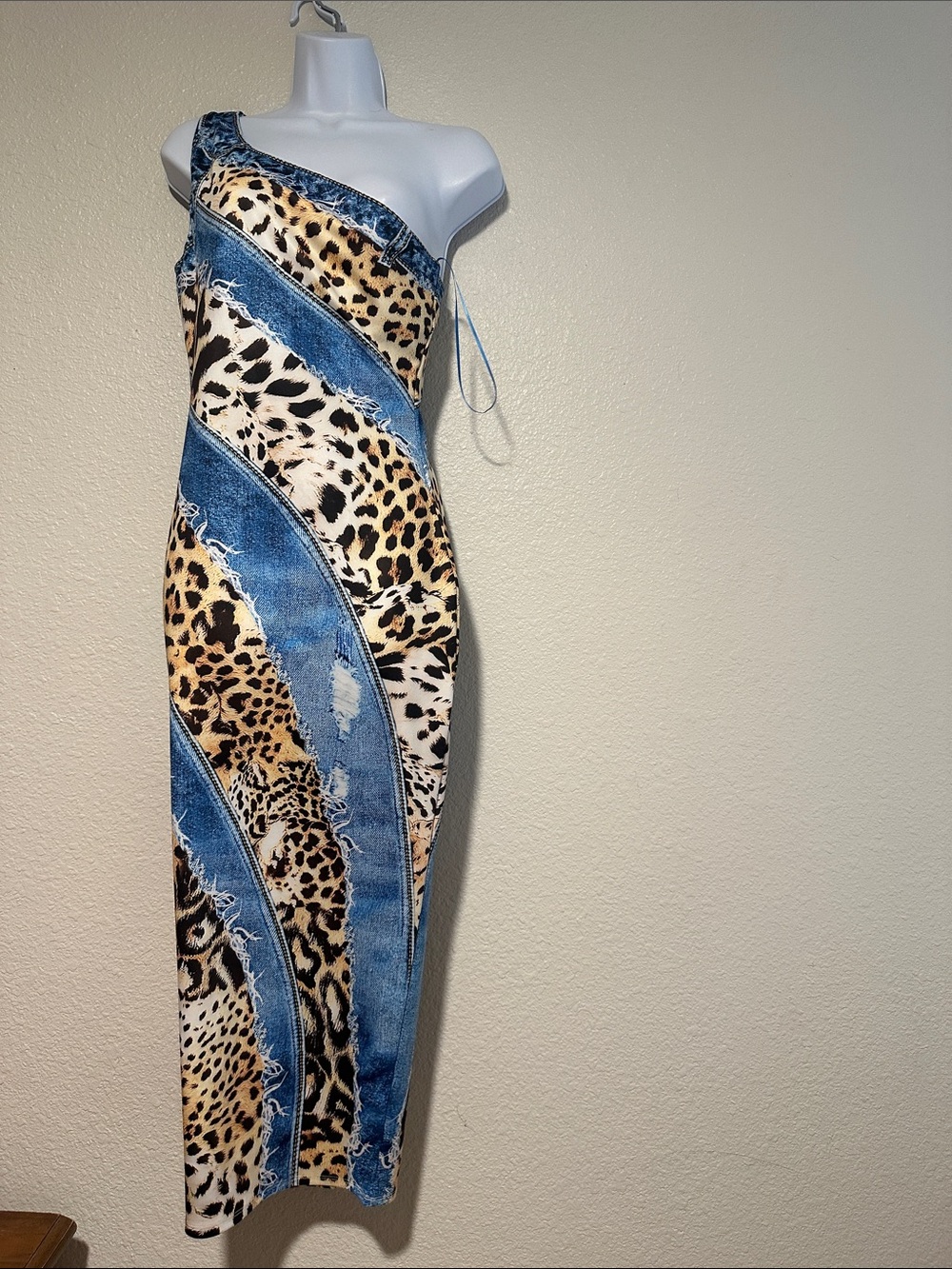 One-Shoulder Animal Print & Denim-Block Maxi Dress - Blue